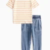 Beige Stripe T-Shirt & Denim Cargo Trousers Set 1-2 years