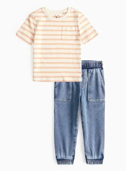 Beige Stripe T-Shirt & Denim Cargo Trousers Set 1-2 years