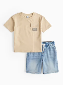 Beige T-Shirt & Loopback Denim Shorts Set 4-5 years