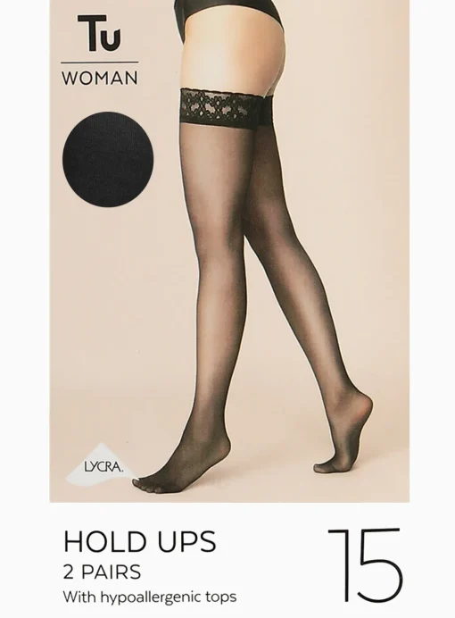 Black 15 Denier Hold Ups 2 Pack L/XL