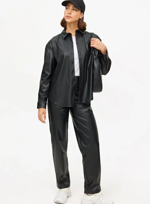 Black Faux Leather Croc Detail Long Sleeve Shirt 12