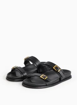 Black Leather Twin Buckle Sandals 6