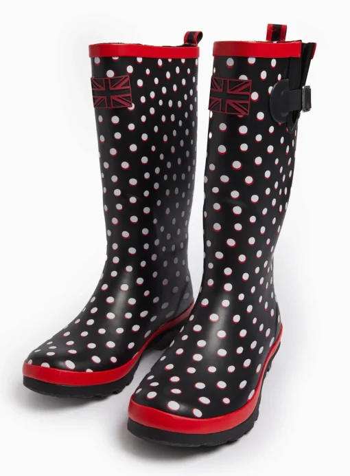 Black Spot Print Long Length Rubber Wellies 6