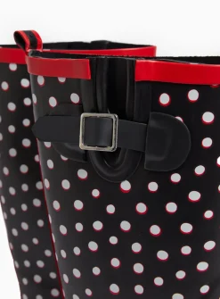 Black Spot Print Long Length Rubber Wellies 6