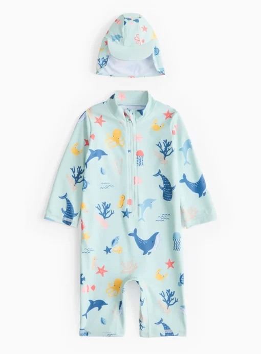 Blue Sea Print Sunsafe Swimsuit & Keppi Hat Set 12-18 months