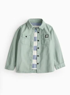 Blue Stripe T-Shirt & Green Woven Shirt Set 1-2 years