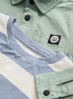 Blue Stripe T-Shirt & Green Woven Shirt Set 1-2 years