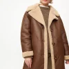 Brown Longline Faux Shearling Coat L