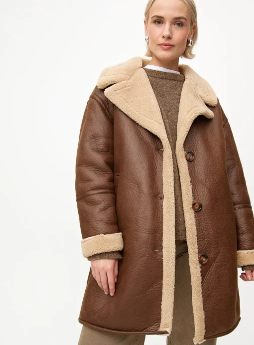 Brown Longline Faux Shearling Coat L