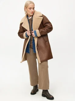Brown Longline Faux Shearling Coat L