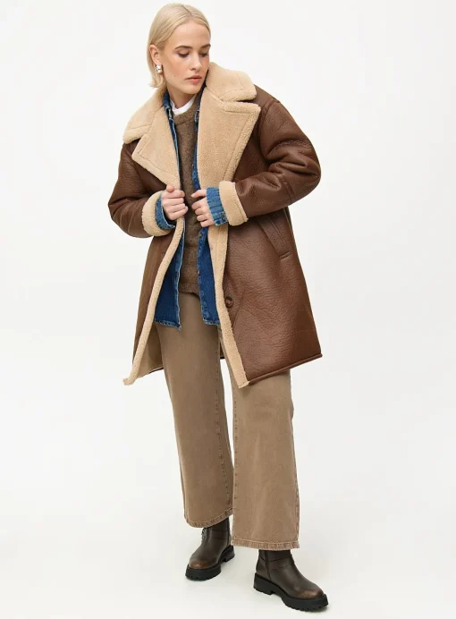 Brown Longline Faux Shearling Coat L