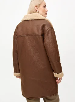 Brown Longline Faux Shearling Coat L
