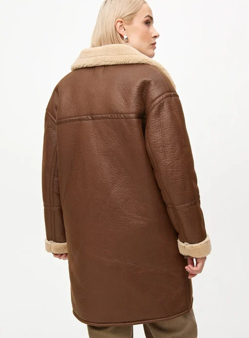 Brown Longline Faux Shearling Coat L
