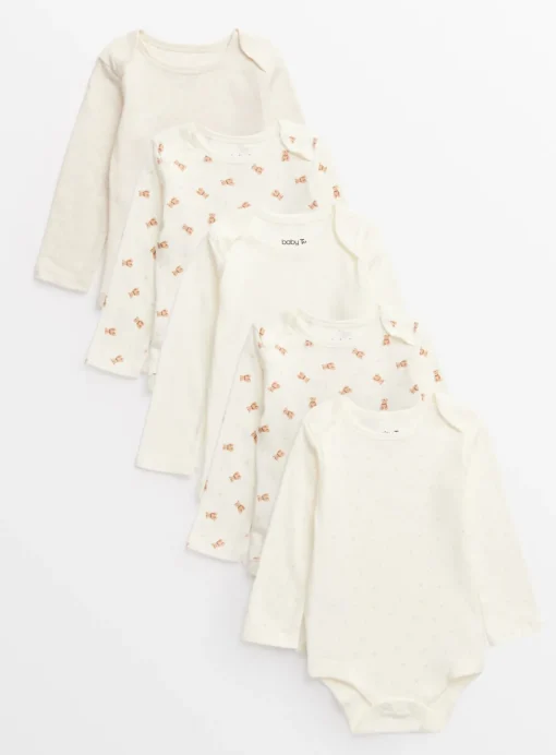 Cream Bear Print Long Sleeve Bodysuits 5 Pack Tiny Baby