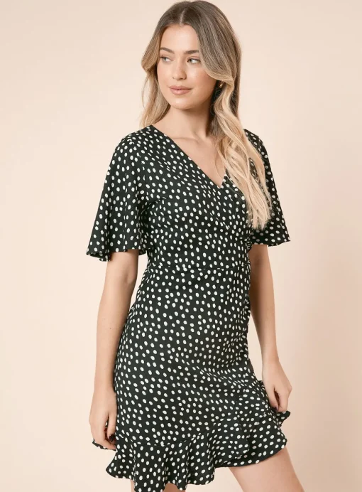 DOROTHY PERKINS V Neck Short Sleeve Spot Wrap Mini Dress 14