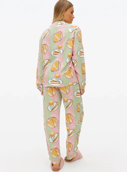 Green Stripe Breakfast Print Pyjama Set L