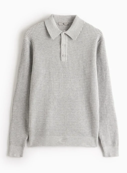 Grey Waffle Knit Polo Jumper M