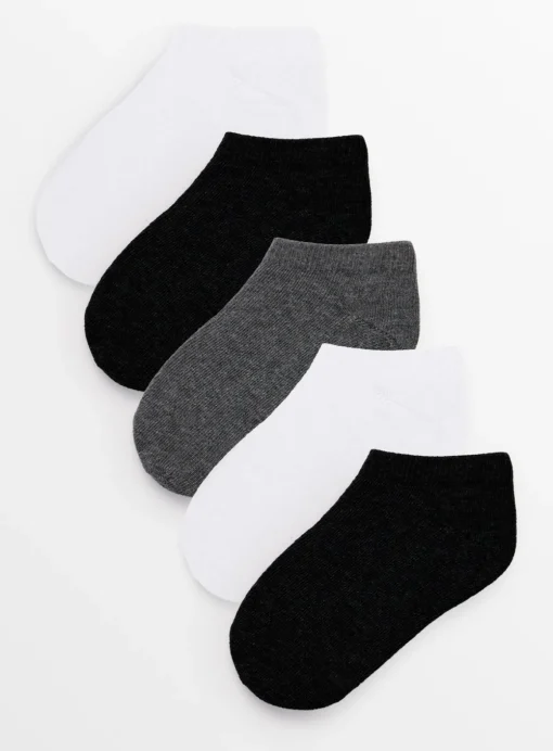 Grey, White & Black Unisex Trainer Socks 5 Pack 6-8.5