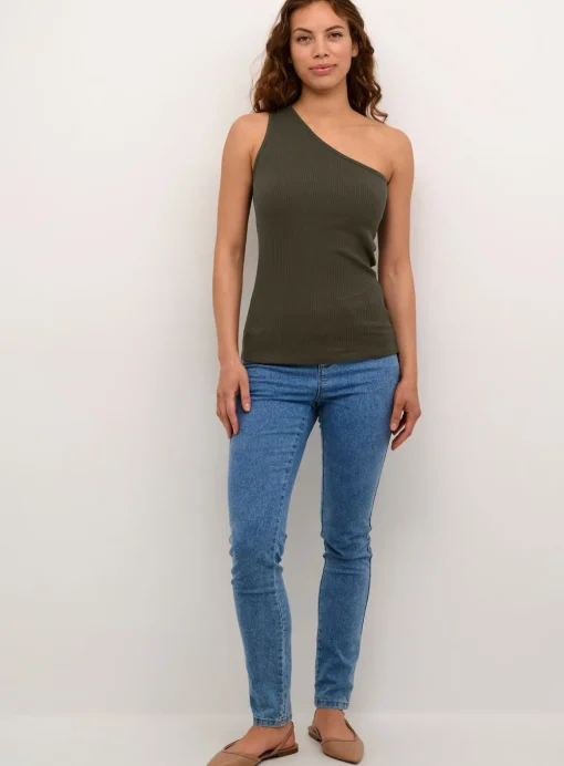 KAFFE Pia One Shoulder Rib Jersey Top Green XS