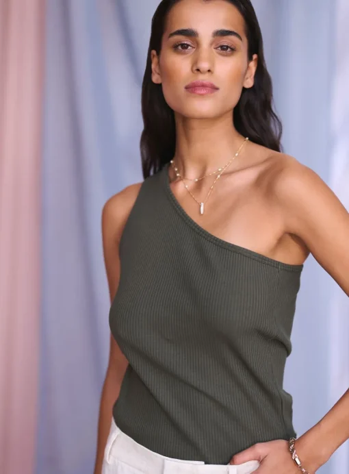 KAFFE Pia One Shoulder Rib Jersey Top Green XS