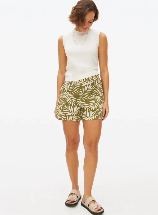 Khaki Leaf Printed High Waist Shorts M