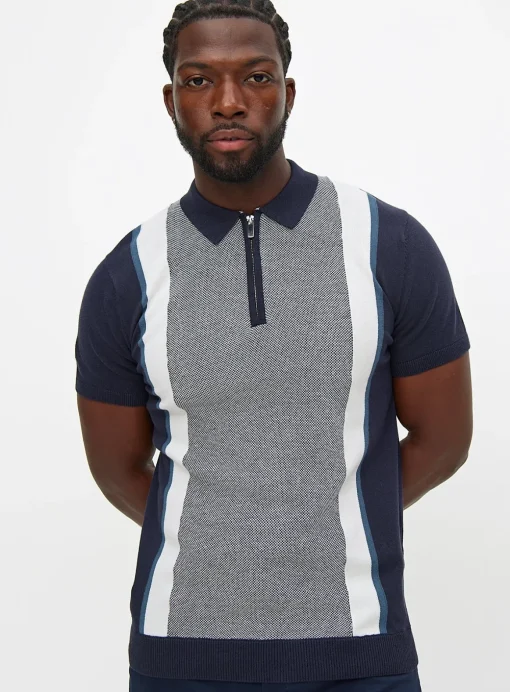 Navy & White Vertical Stripe Polo Shirt M