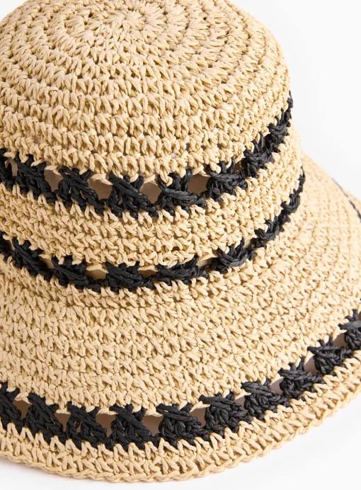 Neutral Stripe Cloche Straw Hat One Size