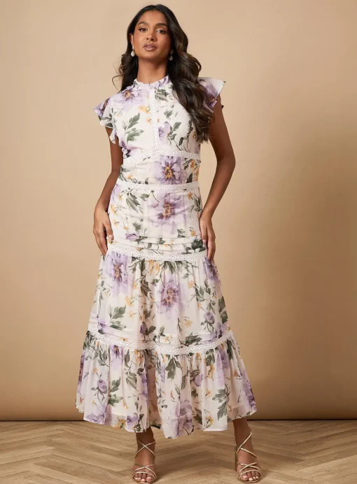 OASIS Floral Printed Chiffon Lace Insert Dress 18