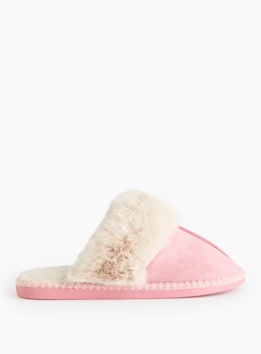 Pink Stitch Detail Faux Fur Cuff Mule Slippers L