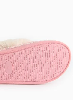 Pink Stitch Detail Faux Fur Cuff Mule Slippers L