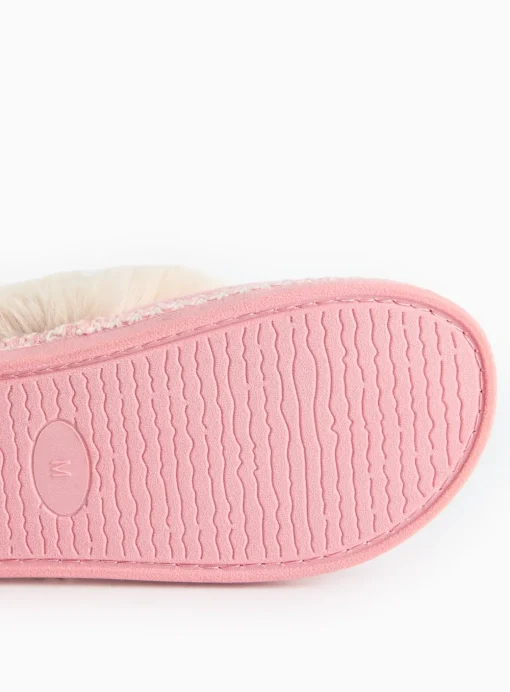 Pink Stitch Detail Faux Fur Cuff Mule Slippers L