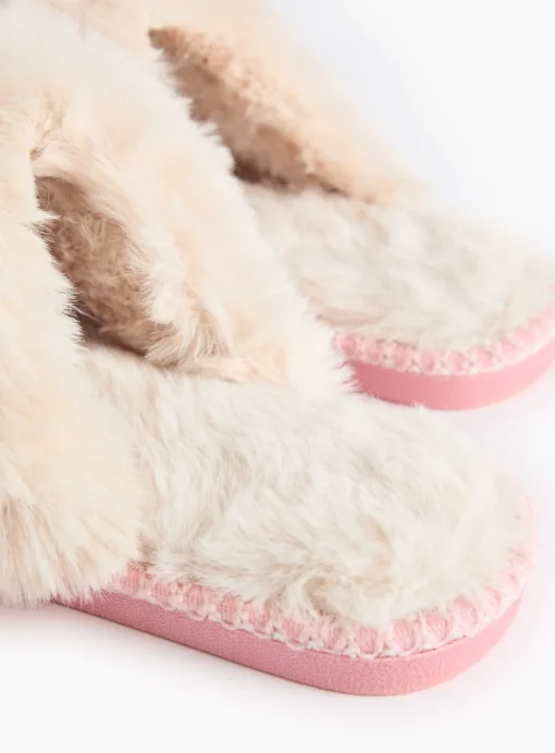 Pink Stitch Detail Faux Fur Cuff Mule Slippers L