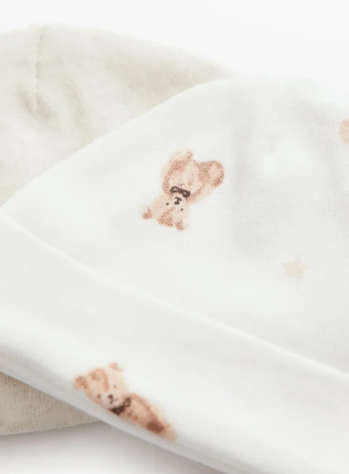 Premature Oatmeal Bear Print Cotton Hats 2 Pack 3lbs - 1.4kg