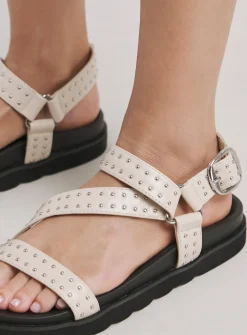 SIMPLY BE Asymetric Footbed Studded Sandal In Wide Fit Beige 9