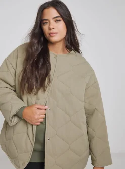 SIMPLY BE Textured Quilted Round Collar Jacket - Khaki 14