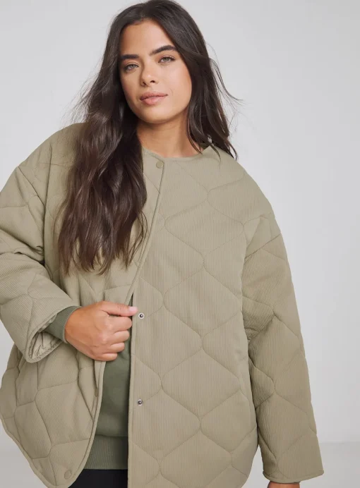 SIMPLY BE Textured Quilted Round Collar Jacket - Khaki 14