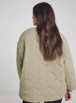 SIMPLY BE Textured Quilted Round Collar Jacket - Khaki 14