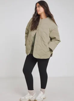 SIMPLY BE Textured Quilted Round Collar Jacket - Khaki 14