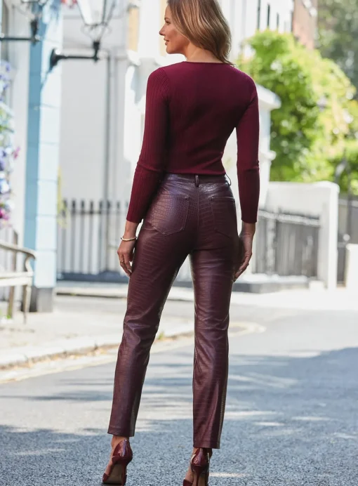 SOSANDAR Burgundy Croc Faux Leather Straight Leg Trouser 6