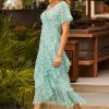 SOSANDAR Green Abstract Print Layered Hem Angel Sleeve Maxi Dress 6