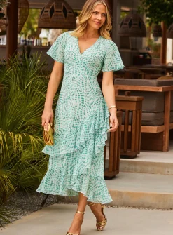 SOSANDAR Green Abstract Print Layered Hem Angel Sleeve Maxi Dress 6