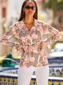 SOSANDAR Pink 'WOW' Print Twist Front Jersey Shirt 10