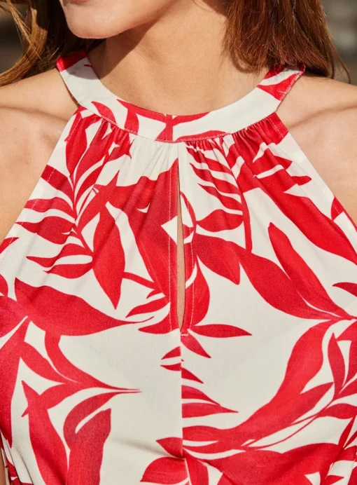 SOSANDAR Red Tropical Print Halter Neck Jumpsuit 18