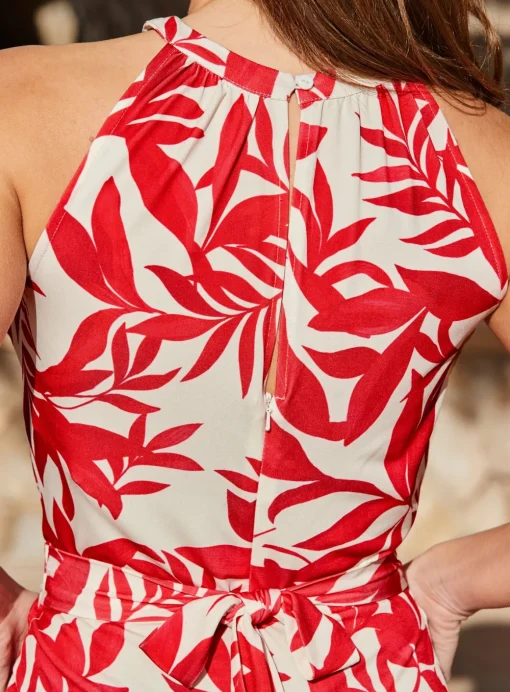 SOSANDAR Red Tropical Print Halter Neck Jumpsuit 18