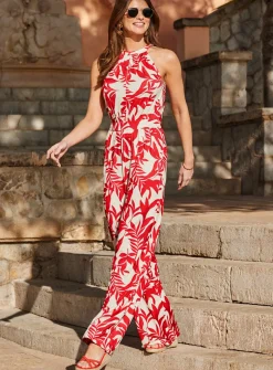 SOSANDAR Red Tropical Print Halter Neck Jumpsuit 18