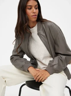 Taupe Faux Leather Bomber Jacket S
