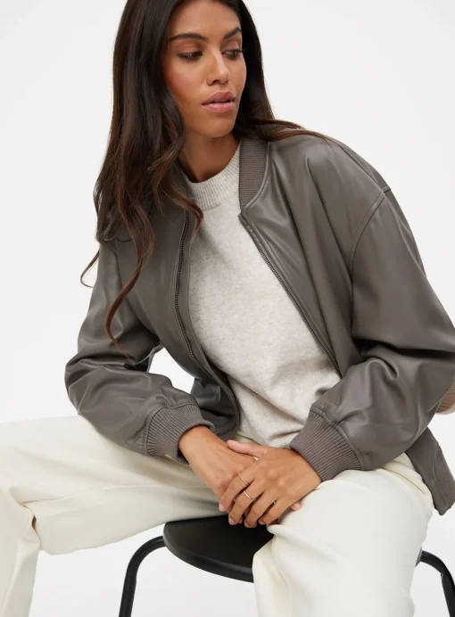 Taupe Faux Leather Bomber Jacket S