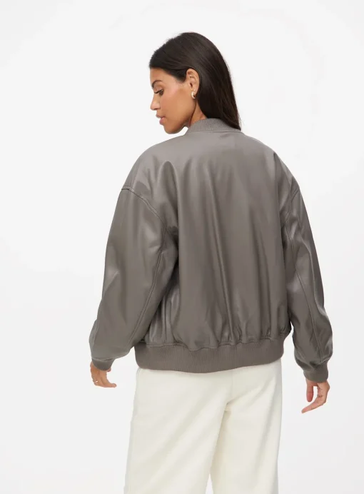 Taupe Faux Leather Bomber Jacket S