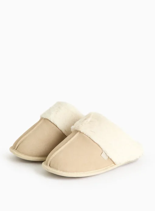 totes® Stone Suede Faux Fur Cuff Mule Slippers L