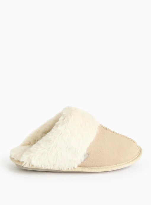 totes® Stone Suede Faux Fur Cuff Mule Slippers L